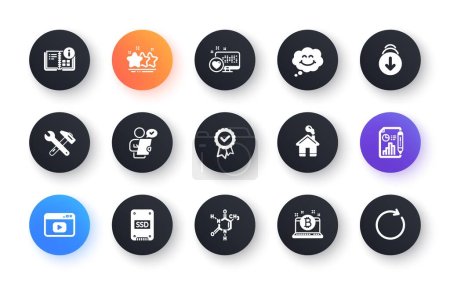 Illustration for Minimal set of Video content, Spanner tool and Stars flat icons for web development. Customer survey, Smile, Bitcoin icons. Scroll down, Chemical formula, Tested stamp web elements. Vector - Royalty Free Image