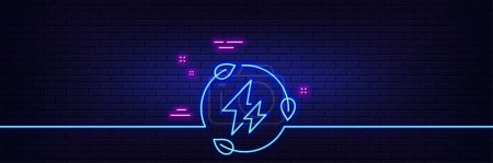 Illustration for Neon light glow effect. Green electricity line icon. Leaf energy power sign. Lightning bolt symbol. 3d line neon glow icon. Brick wall banner. Green electricity outline. Vector - Royalty Free Image