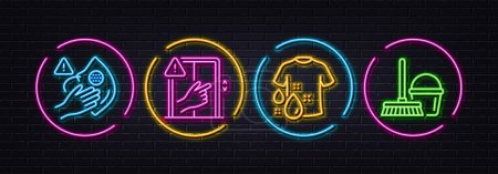 Illustration for Wash t-shirt, Dont touch and Dirty mask minimal line icons. Neon laser 3d lights. Bucket with mop icons. For web, application, printing. Vector - Royalty Free Image