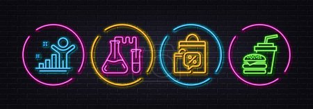 Illustration for Chemistry lab, Winner and Sale bags minimal line icons. Neon laser 3d lights. Hamburger icons. For web, application, printing. Medical laboratory, Best result, Discount chat bubble. Vector - Royalty Free Image