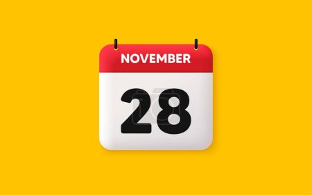 Illustration for Calendar date 3d icon. 28th day of the month icon. Event schedule date. Meeting appointment time. Agenda plan, November month schedule 3d calendar and Time planner. 28th day day reminder. Vector - Royalty Free Image