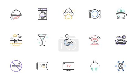 Illustration for Hotel service line icons. Wi-Fi, Air conditioning and Washing machine. Pets, swimming pool and hotel parking icons. Linear set. Bicolor outline web elements. Vector - Royalty Free Image