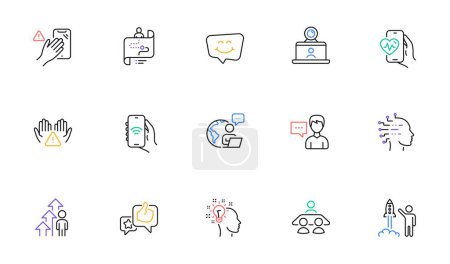 Illustration for Dont touch, Video conference and Like line icons for website, printing. Collection of Outsource work, Smile chat, Internet app icons. Employee result, Launch project, Person talk web elements. Vector - Royalty Free Image