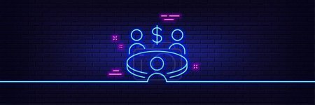 Illustration for Neon light glow effect. Meeting line icon. Business teamwork sign. Group of people symbol. 3d line neon glow icon. Brick wall banner. Meeting outline. Vector - Royalty Free Image