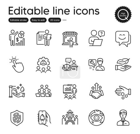 Illustration for Set of People outline icons. Contains icons as Repairman, Court judge and Washing hands elements. Lightweight, Presentation, Teamwork web signs. Businessman person, Cyber attack. Vector - Royalty Free Image