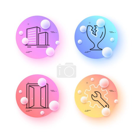 Illustration for Open door, Customisation and Fragile package minimal line icons. 3d spheres or balls buttons. Buildings icons. For web, application, printing. Entrance, Settings, Safe shipping. Vector - Royalty Free Image