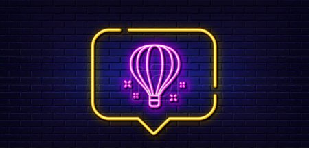 Illustration for Neon light speech bubble. Air balloon line icon. Sky trip sign. Flight transportation symbol. Neon light background. Air balloon glow line. Brick wall banner. Vector - Royalty Free Image