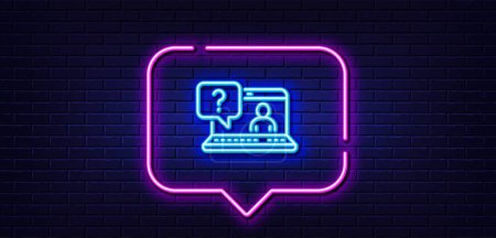 Illustration for Neon light speech bubble. Question mark line icon. Online faq support sign. Neon light background. Faq glow line. Brick wall banner. Vector - Royalty Free Image
