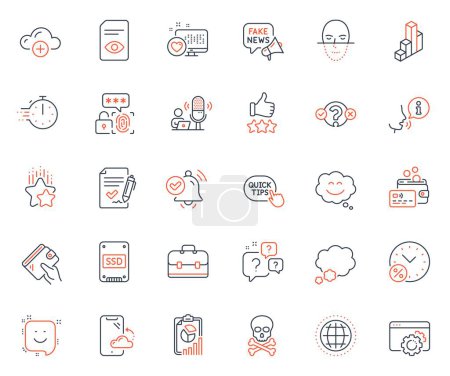 Illustration for Technology icons set. Included icon as Globe, Quick tips and Cooking timer web elements. Notification received, Card, Chemical hazard icons. Ssd, Smile, View document web signs. Wallet. Vector - Royalty Free Image