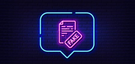 Illustration for Neon light speech bubble. Fake news line icon. Propaganda conspiracy document sign. Wrong truth symbol. Neon light background. Fake news glow line. Brick wall banner. Vector - Royalty Free Image