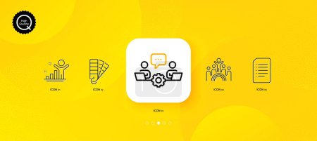 Illustration for Document, Winner and Palette minimal line icons. Yellow abstract background. Teamwork, Inclusion icons. For web, application, printing. Information file, Best result, Color pantone. Vector - Royalty Free Image