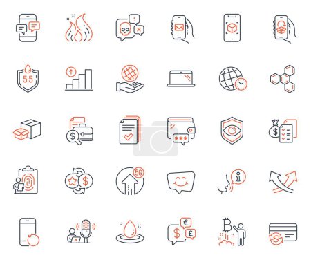 Illustration for Technology icons set. Included icon as Packing boxes, Fuel energy and Laptop web elements. Time zone, Recovery phone, Eye detect icons. 5g upload, Loyalty points, Graph chart web signs. Vector - Royalty Free Image