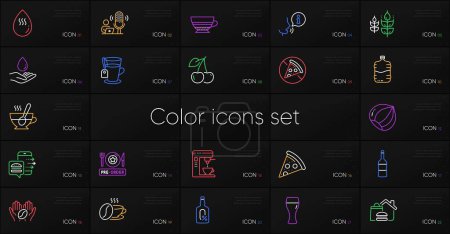Illustration for Set of Hot water, Food delivery and Beer glass line icons. Include Gluten free, Pre-order food, Wine icons. Coffee maker, Mocha, Cooler bottle web elements. Tea cup, Water care, Tea. Vector - Royalty Free Image