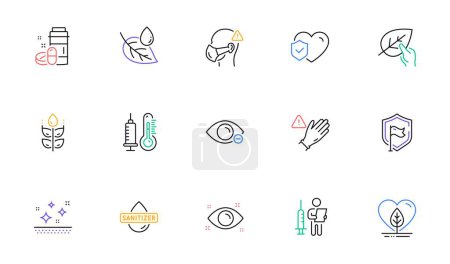 Illustration for Organic tested, Health eye and Hand sanitizer line icons for website, printing. Collection of Thermometer, Vaccination announcement, Myopia icons. Gluten free, Medical mask. Vector - Royalty Free Image