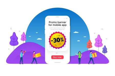 Illustration for Sale 30 percent off banner. Phone ui interface banner. Discount sticker shape. Coupon bubble icon. Mobile smartphone promo banner. Sale 30 percent tag. Man with gift box. Vector - Royalty Free Image