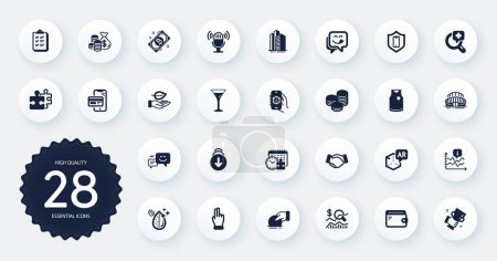 Illustration for Set of Business icons, such as Skyscraper buildings, Bitcoin and Puzzle time flat icons. Donate, Winner cup, Tips web elements. Happy emotion, Medical analyzes, Augmented reality signs. Vector - Royalty Free Image