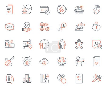 Illustration for Business icons set. Included icon as Map, Video conference and Click web elements. Car parking, 24h service, Piggy bank icons. Handout, Food time, Approved checkbox web signs. Calendar. Vector - Royalty Free Image