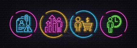 Illustration for Buyer, Search employee and Employee results minimal line icons. Neon laser 3d lights. Waiting icons. For web, application, printing. Shopping cart, Cv warning, Chart. Service time. Vector - Royalty Free Image