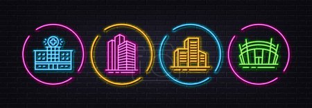 Illustration for Hospital building, Buildings and Skyscraper buildings minimal line icons. Neon laser 3d lights. Arena stadium icons. For web, application, printing. Vector - Royalty Free Image