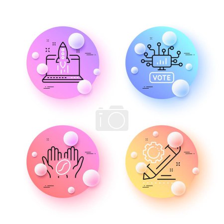 Illustration for Start business, Coffee and Online voting minimal line icons. 3d spheres or balls buttons. Project edit icons. For web, application, printing. Launch idea, Roasted bean, Web campaign. Settings. Vector - Royalty Free Image