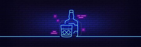 Illustration for Neon light glow effect. Whiskey glass with ice cubes line icon. Scotch alcohol sign. 3d line neon glow icon. Brick wall banner. Whiskey glass outline. Vector - Royalty Free Image