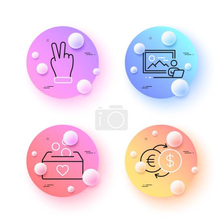 Illustration for Money exchange, Photo studio and Victory hand minimal line icons. 3d spheres or balls buttons. Donation icons. For web, application, printing. Eur to usd, Online photography, Gesture palm. Vector - Royalty Free Image