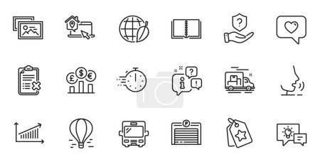Illustration for Outline set of Currency rate, Bus and Cooking timer line icons for web application. Talk, information, delivery truck outline icon. Include Reject checklist, Air balloon, Parking garage icons. Vector - Royalty Free Image