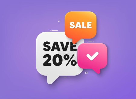 Illustration for Save 20 percent off tag. 3d bubble chat banner. Discount offer coupon. Sale Discount offer price sign. Special offer symbol. Discount adhesive tag. Promo banner. Vector - Royalty Free Image