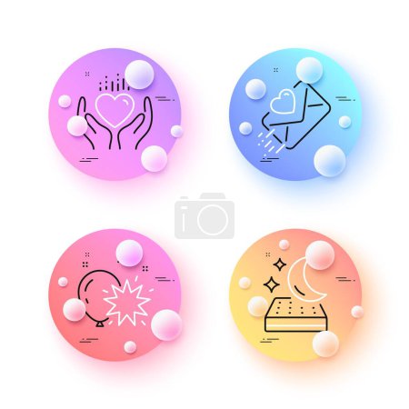 Illustration for Love letter, Balloon dart and Mattress minimal line icons. 3d spheres or balls buttons. Hold heart icons. For web, application, printing. Heart, Attraction park, Night bed. Care love. Vector - Royalty Free Image