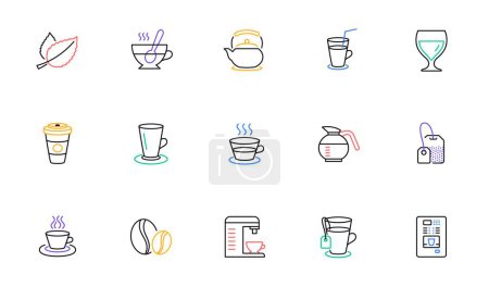 Illustration for Coffee and Tea line icons. Cappuccino, Teapot and Coffeepot. Coffee beans linear icon set. Bicolor outline web elements. Vector - Royalty Free Image