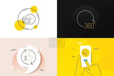 Illustration for Minimal set of 360 degrees, Refresh like and Fingerprint line icons. Phone screen, Quote banners. Dishwasher timer icons. For web development. Full rotation, Thumbs up counter, Biometric scan. Vector - Royalty Free Image