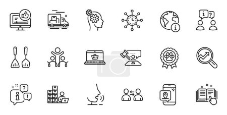 Illustration for Outline set of World time, Dog competition and Like video line icons for web application. Talk, information, delivery truck outline icon. Include Online shopping, Pin marker, Inclusion icons. Vector - Royalty Free Image
