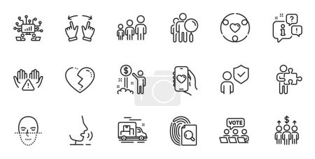 Illustration for Outline set of Dating app, Online voting and Income money line icons for web application. Talk, information, delivery truck outline icon. Include Search people, Inspect, Move gesture icons. Vector - Royalty Free Image