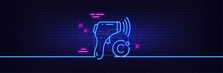 Illustration for Neon light glow effect. Electronic thermometer line icon. Temperature scanner sign. Fever measuring symbol. 3d line neon glow icon. Brick wall banner. Electronic thermometer outline. Vector - Royalty Free Image
