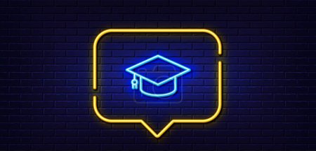 Illustration for Neon light speech bubble. Graduation cap line icon. Education sign. Student hat symbol. Neon light background. Graduation cap glow line. Brick wall banner. Vector - Royalty Free Image