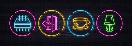 Illustration for Entrance, Breathable mattress and Espresso minimal line icons. Neon laser 3d lights. Table lamp icons. For web, application, printing. Open door, Sleeping pad, Coffee cup. Bedside lamp. Vector - Royalty Free Image