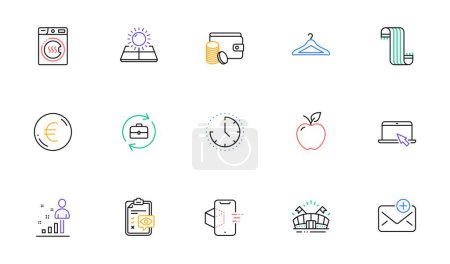 Illustration for Payment method, Stats and Cloakroom line icons for website, printing. Collection of New mail, Portable computer, Time icons. Augmented reality, Sports arena, Dryer machine web elements. Vector - Royalty Free Image