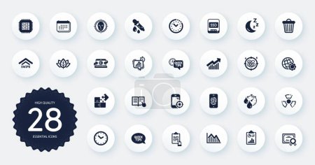 Illustration for Set of Science icons, such as Seo phone, Quickstart guide and Cpu processor flat icons. Ssd, Trash bin, Time management web elements. Swipe up, Stress, Investment graph signs. Circle buttons. Vector - Royalty Free Image