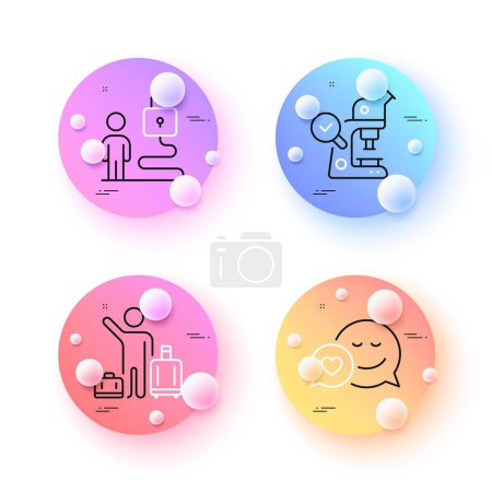 Illustration for Lock, Airport transfer and Microscope minimal line icons. 3d spheres or balls buttons. Dating icons. For web, application, printing. Online security, Baggage reclaim, Laboratory science. Vector - Royalty Free Image