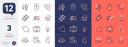 Illustration for Set of Messenger, Work home and Hold box line icons. Include Voting ballot, Share call, Idea icons. Swipe up, Bitcoin, Copyright laptop web elements. Document, Brand ambassador. Vector - Royalty Free Image