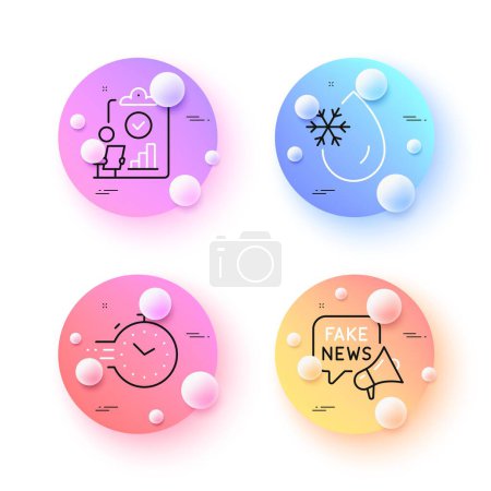 Illustration for Timer, Freezing water and Fake news minimal line icons. 3d spheres or balls buttons. Inspect icons. For web, application, printing. Deadline management, Freeze temperature, Wrong fact. Vector - Royalty Free Image