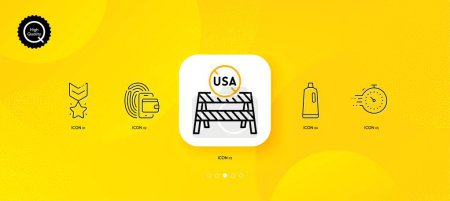 Illustration for Usa close borders, Winner medal and Timer minimal line icons. Yellow abstract background. Shampoo, Wallet icons. For web, application, printing. Vector - Royalty Free Image