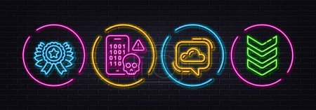 Illustration for Winner ribbon, Cloud communication and Cyber attack minimal line icons. Neon laser 3d lights. Shoulder strap icons. For web, application, printing. Best award, Online message, Phone hacker. Vector - Royalty Free Image