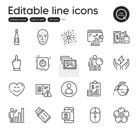 Illustration for Set of Business outline icons. Contains icons as Report, Usb flash and Card elements. Graph chart, Wallet, Smile chat web signs. Timer, Middle finger, Coffee pot elements. Champagne. Vector - Royalty Free Image