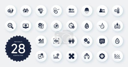 Illustration for Set of Science icons, such as Coronavirus statistics, Face recognition and Ph neutral flat icons. Hydroelectricity, Celsius thermometer, Artificial colors web elements. Dot plot. Vector - Royalty Free Image