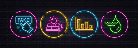 Illustration for Fake information, Solar panels and Histogram minimal line icons. Neon laser 3d lights. Hydroelectricity icons. For web, application, printing. False truth, Electric power, Economic trend. Vector - Royalty Free Image