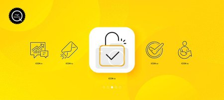 Illustration for Accounting, E-mail and Confirmed minimal line icons. Yellow abstract background. Share, Lock icons. For web, application, printing. Supply and demand, Mail delivery, Accepted message. Vector - Royalty Free Image