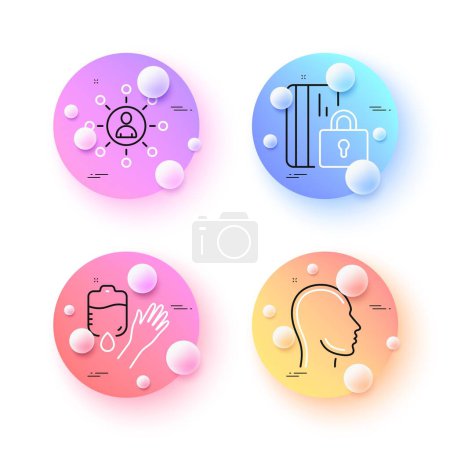 Illustration for Blocked card, Networking and Blood minimal line icons. 3d spheres or balls buttons. Head icons. For web, application, printing. Private money, Business communication, Donor hand. Human profile. Vector - Royalty Free Image
