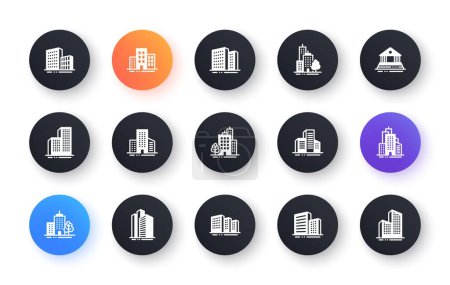 Illustration for Buildings icons. Bank, Hotel, Courthouse. City, Real estate, Architecture buildings icons. Hospital, town house, museum. Urban architecture, city skyscraper. Classic set. Circle web buttons. Vector - Royalty Free Image