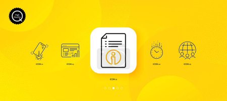 Illustration for Smartphone broken, Technical info and Time minimal line icons. Yellow abstract background. Global business, Web report icons. For web, application, printing. Phone crack, Documentation, Clock. Vector - Royalty Free Image